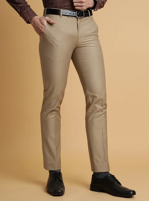 Beige Solid Slim Fit Formal Trouser