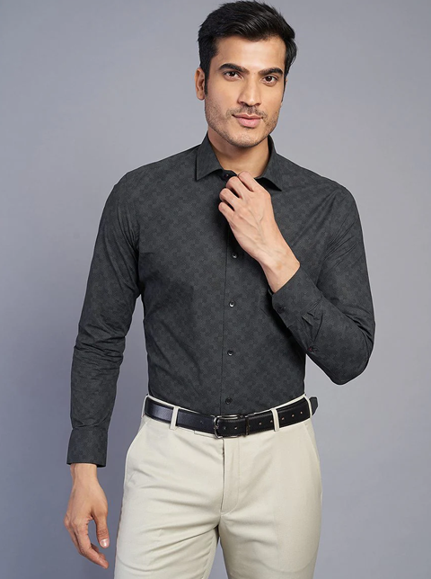 Grey Printed Slim Fit Formal Shirt