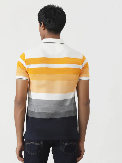 Orange & Navy Blue Striped Slim Fit Polo T-Shirt