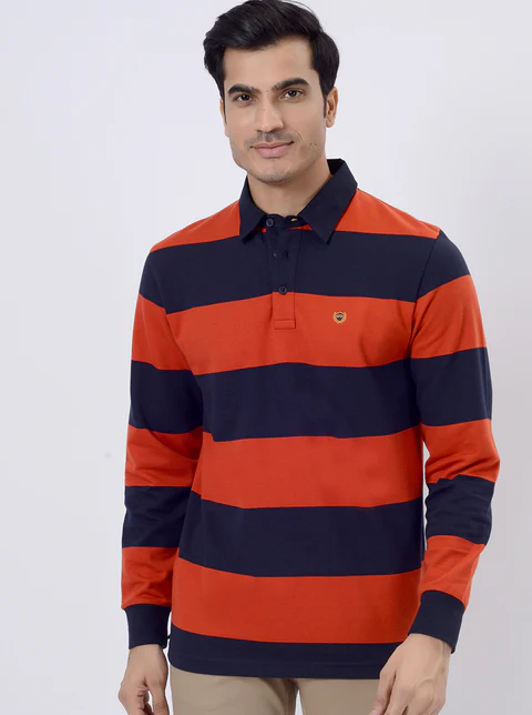 Red & Navy Blue Striped Slim Fit Polo T-Shirt