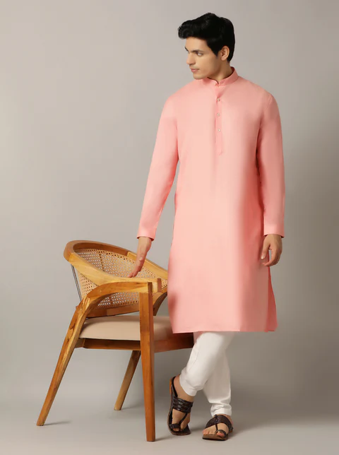 Baby Pink Solid Regular Fit Modi Kurta