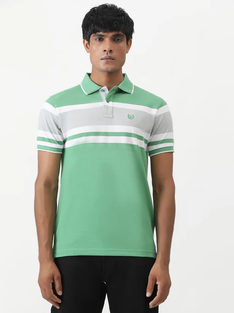 Green Striped Slim Fit Polo T-Shirt