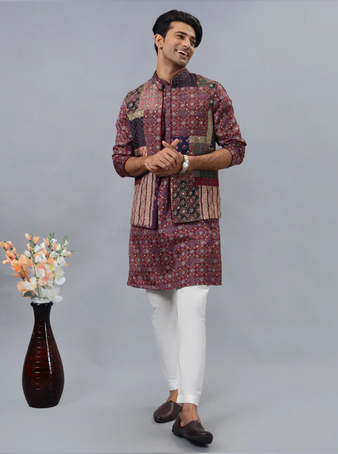Blue & Maroon Kurta Set with Koti