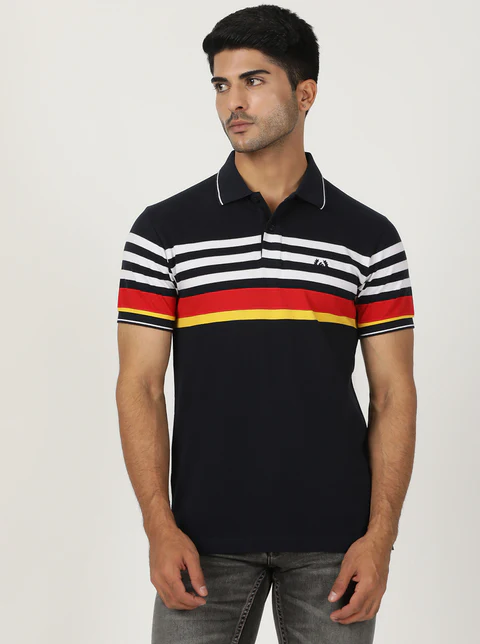 Navy Blue Striped Slim Fit Polo T-Shirt