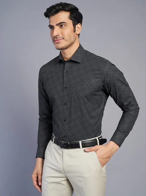 Grey Printed Slim Fit Formal Shirt