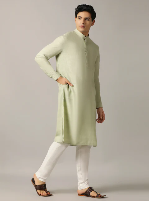 Light Green Solid Regular Fit Modi Kurta