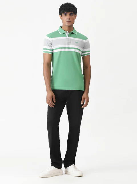 Green Striped Slim Fit Polo T-Shirt