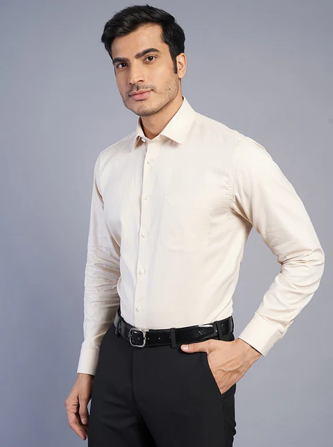 Beige Solid Regular Fit Formal Shirt