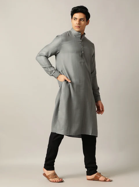 Grey Solid Regular Fit Modi Kurta