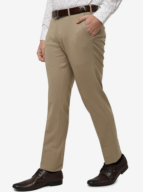 Beige Solid Super Slim Fit Formal Trouser