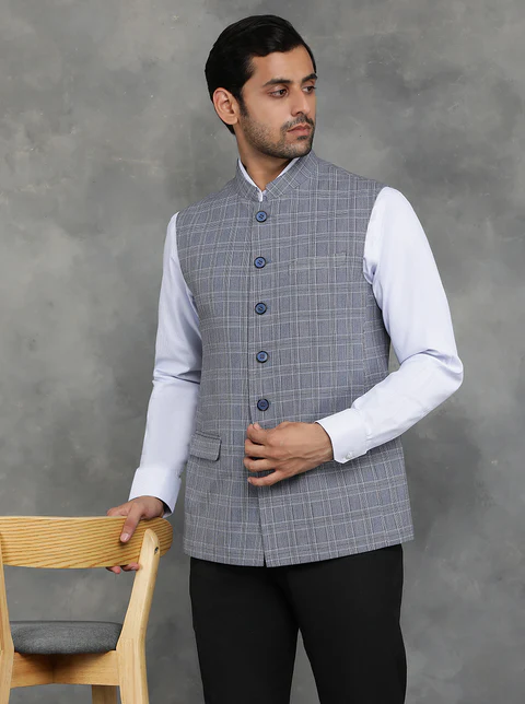 Grey Checked Regular Fit Modi Jacket