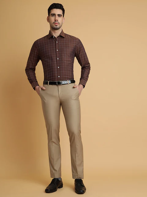 Beige Solid Slim Fit Formal Trouser