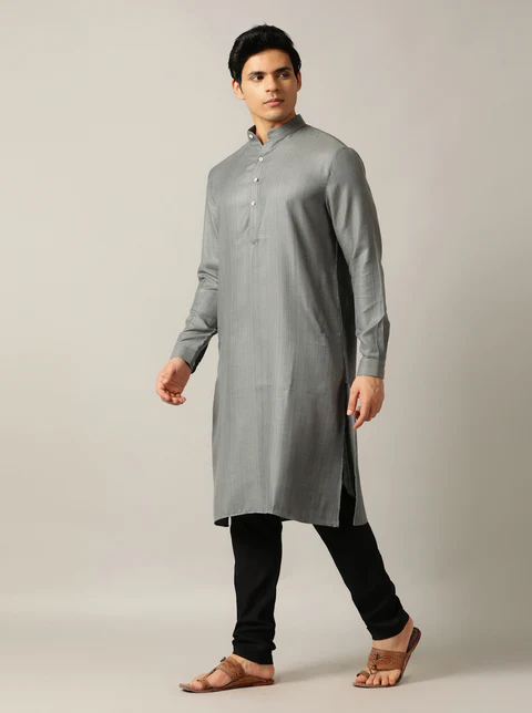 Grey Solid Regular Fit Modi Kurta