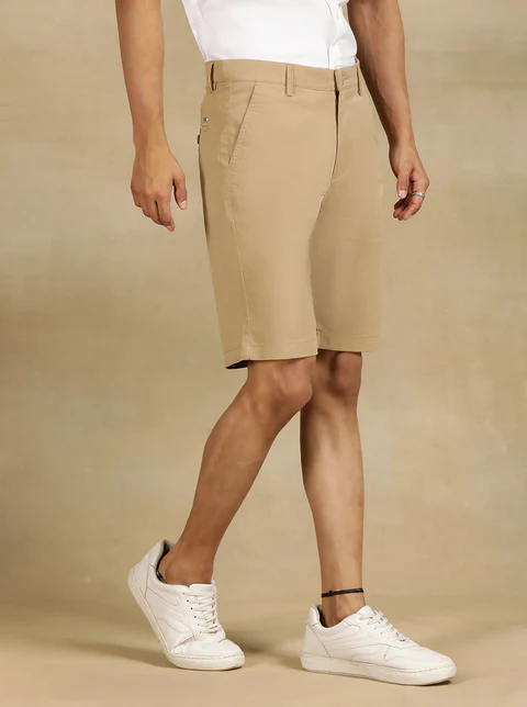 Khaki Solid Slim Fit Shorts