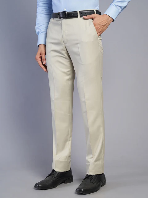 Beige Solid Slim Fit Formal Trouser