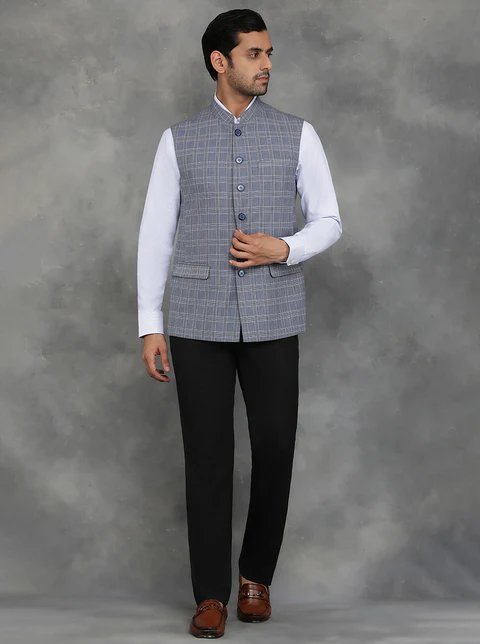 Grey Checked Regular Fit Modi Jacket