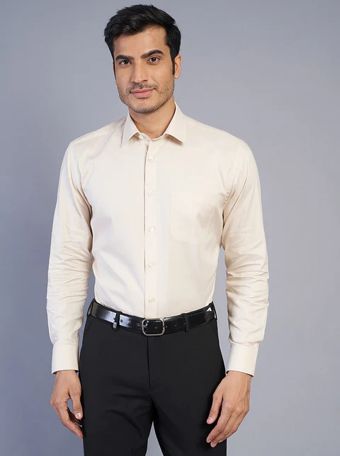 Beige Solid Regular Fit Formal Shirt