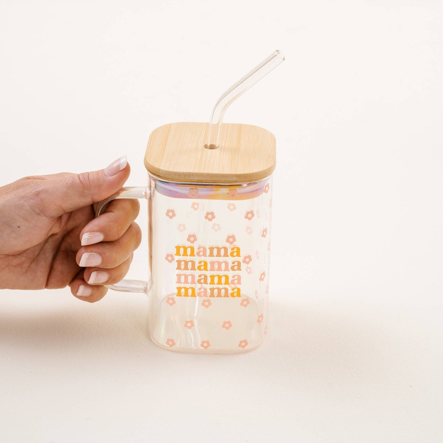 'Mama' Retro Floral Glass Cup & Straw