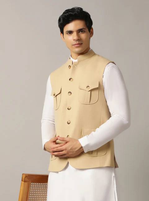 Fawn Solid Regular Fit Modi Jacket