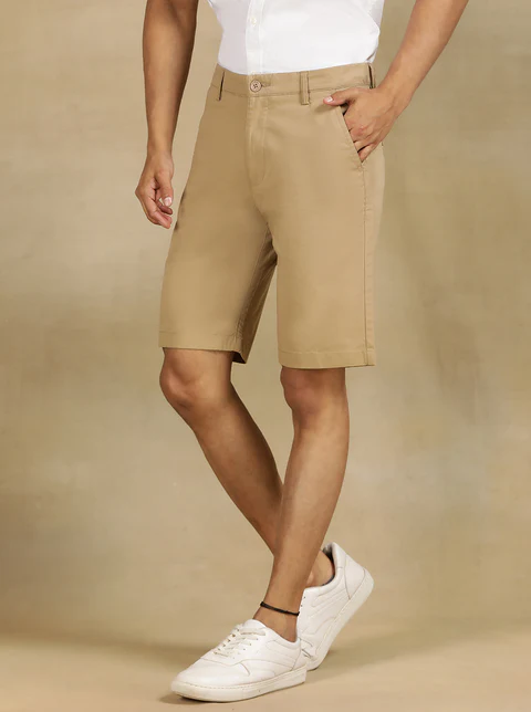 Khaki Solid Slim Fit Shorts