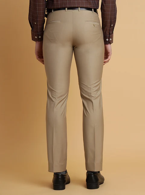 Beige Solid Slim Fit Formal Trouser