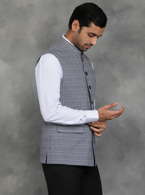 Grey Checked Regular Fit Modi Jacket