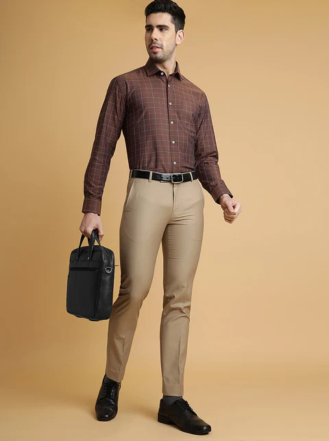 Beige Solid Slim Fit Formal Trouser