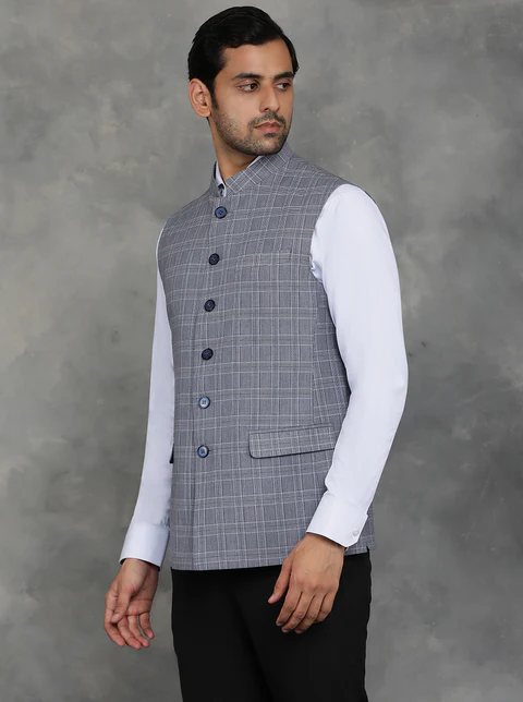 Grey Checked Regular Fit Modi Jacket