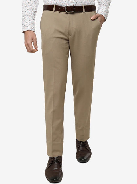 Beige Solid Super Slim Fit Formal Trouser