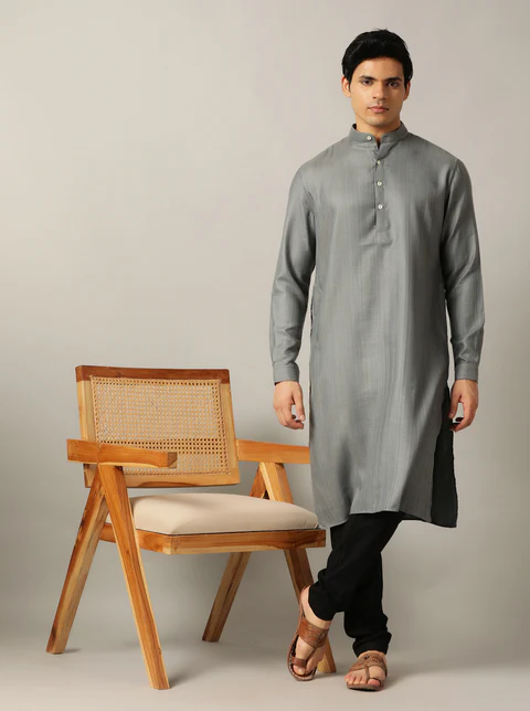 Grey Solid Regular Fit Modi Kurta