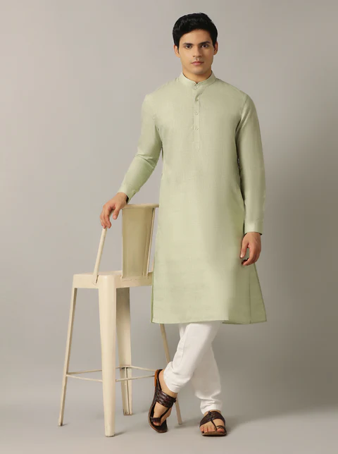 Light Green Solid Regular Fit Modi Kurta