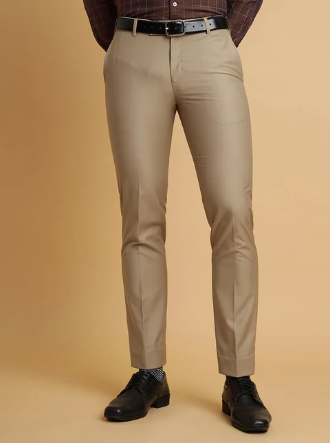 Beige Solid Slim Fit Formal Trouser