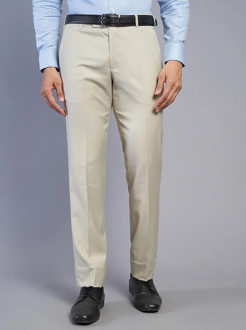 Beige Solid Slim Fit Formal Trouser