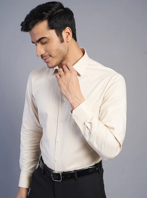 Beige Solid Regular Fit Formal Shirt