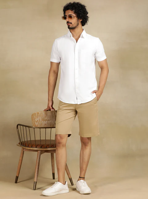 Khaki Solid Slim Fit Shorts