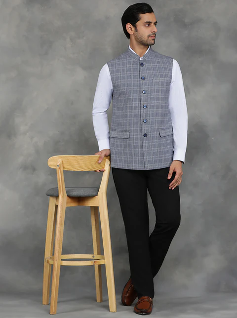 Grey Checked Regular Fit Modi Jacket