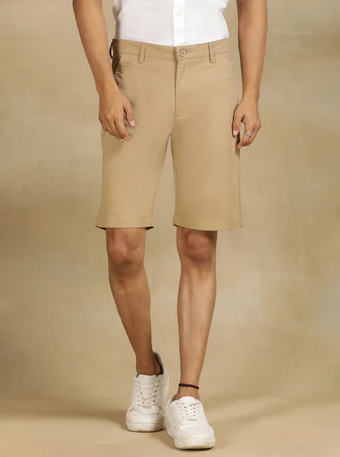 Khaki Solid Slim Fit Shorts