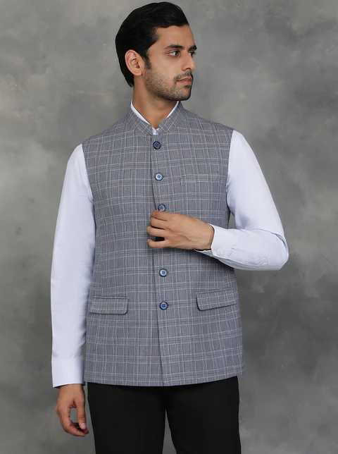 Grey Checked Regular Fit Modi Jacket